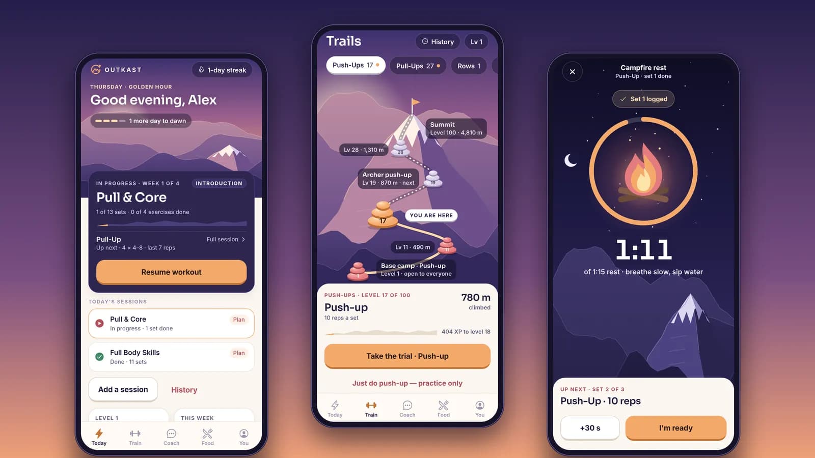 Outkast app: today, trails and rest screens